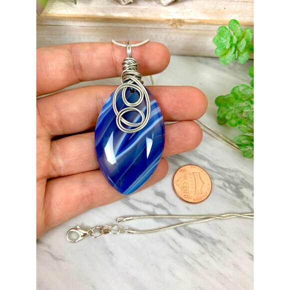Striped Agate Necklace: Wire Wrapped Silver Snake Chain - Picture 5 of 6